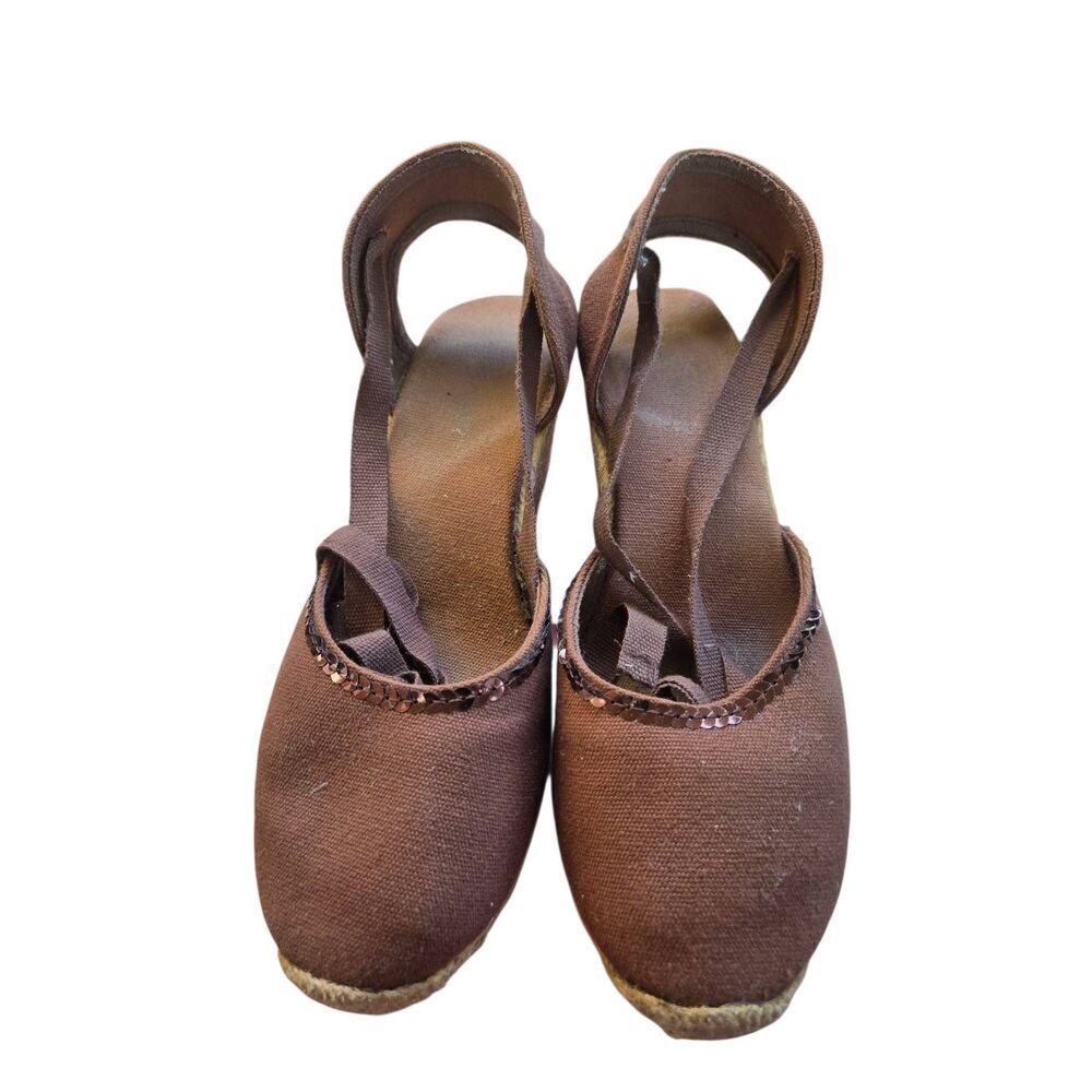 Women's Size 7 Brown With Sequins Tie Up Espadrille